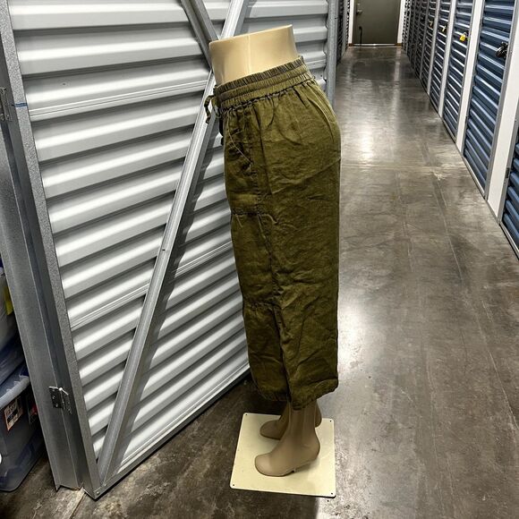 Wide Leg Cropped Linen Pants Green Tiered Drawstring Boho Beach Vacation - Picture 6 of 11